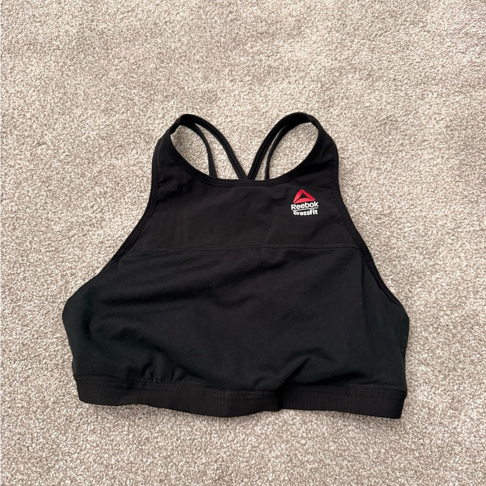 CrossFit Reebok women’s Black High Neck Sports Bra with Red Logo and cross back